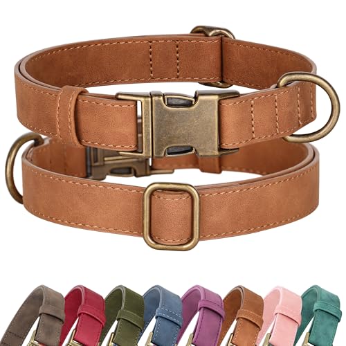 Soft PU Leather Dog Collar for Large Dogs (L：Fit 16-22" Neck, Width 1" / Light Brown)