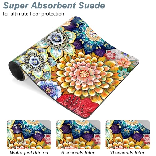 Dog Food Mat 12" x 19" Flower Absorbent Dog Cat Bowl Mat for Food and Water (Colorful Mandala / 19"L x 12"W)