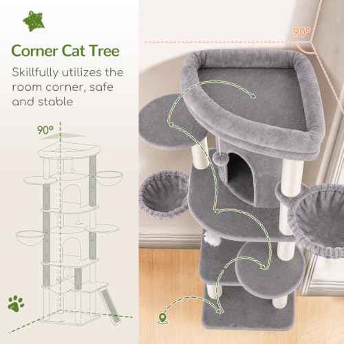73in Corner Stable Cat Tree for Indoor Cats (Light Grey / 73 inch)