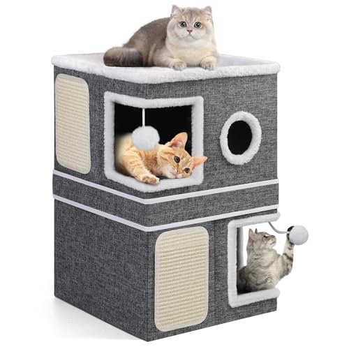 2 Story Cat House beds for Indoor Cats with Scratch Pads Grey (Grey / Double)