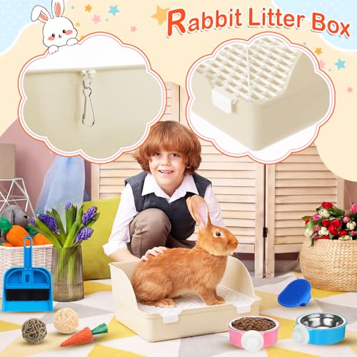 15 Pcs Rabbit Starter Kit Small Rabbit Litter Box Girls Gift Animal Grooming Kit Bunny Toys Bowl Blankets with Cleaning Set for Guinea Pig Accessories (Beige)