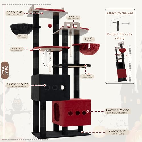 Sturdy Cat Tree Tower with 2 Large Condos (74.8 inches / Black and red)