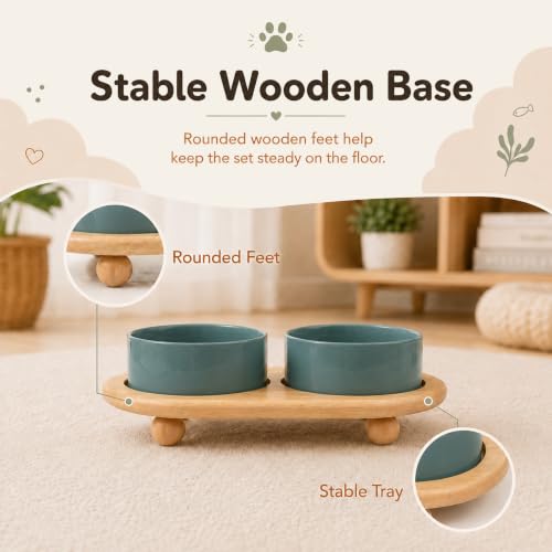 Raised Cat Bowl 5.1” Elevated Ceramic Cat Food and Water Bowl Set (Dark Green)
