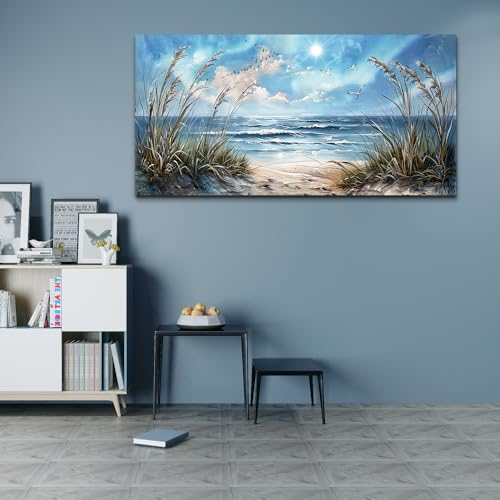 Large Wall Art For Living Room Wall Decor For Bedroom Sunshine Ocean Scenery Painting Blue Sea Waves Wall Pictures Office Modern Canvas Prints Artwork Aesthetic Home Decoration 48"X 24" (48"L x 24"W / Blue Sea Sunshine Waves Pictures)