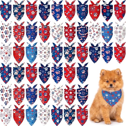 50 Pcs 4th of July Dog Bandanas Bulk Patriotic Paw Prints Pattern (19.7 x 13.8 x 13.8 Inch / Patriotic Paw Print)