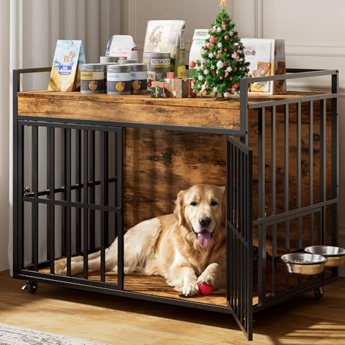 Heavy Duty Large Dog Crate Furniture with 360° Rotatable Bowls & Wheels (43.5"L x 27.2"W x 34.8"H)