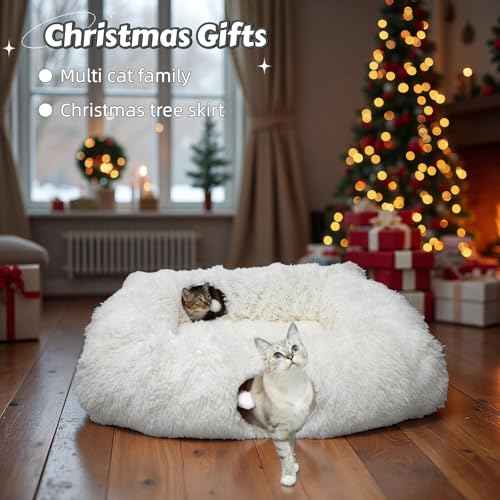 4 Cave Shuttled XL Cat Tunnel Bed for Indoor Cats Peekaboo Toy Donut with Warm Mat (White)
