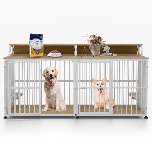 72” Double Dog Crate Furniture (Nature Wood & White / 72.0"L x 28.7"W x 36.8"H)