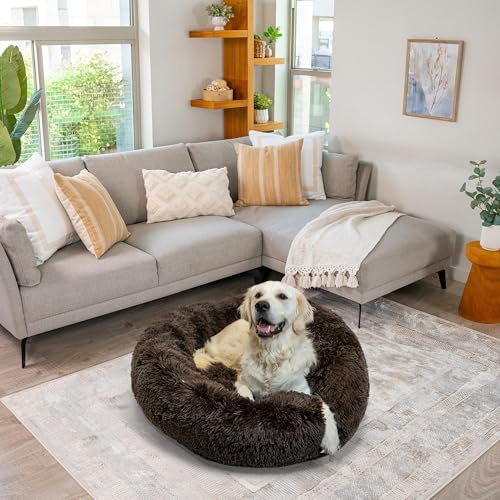 The Original Calming Donut Dog Bed for Large Dogs up to 100 lbs (Dark Chocolate Shag / Large)