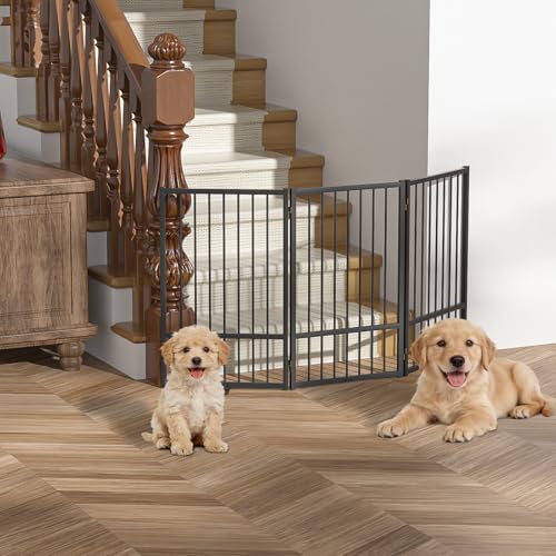 Full Metal Freestanding Dog Gate with Door (【3 Panels】60"W*32H" / Black)