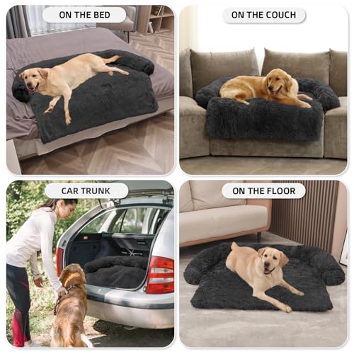 Calming Dog Bed Fluffy Plush Dog Mat for Furniture Protector with Removable Washable Cover for Large Medium Small Dogs and Cats (Dark Grey / 53.0"L x 39.3"W x 6.0"Th)