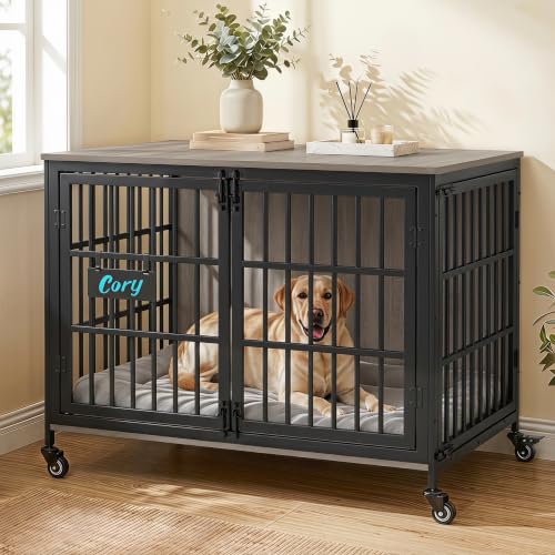 42 in Heavy Duty Dog Crate Furniture on Lockable Wheels (Grey / 42.1"L x 29.3"W x 31.2"H)