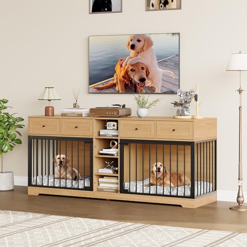 82" Double Dog Crate Furniture with Drawers and Shelves (Natural / 81.9"L x 23.6"W x 33.5"H)