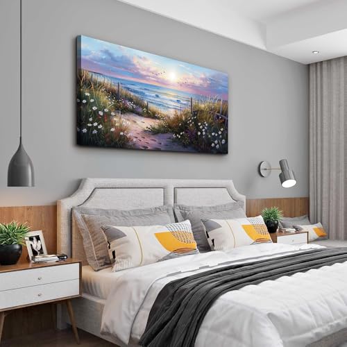 Canvas Wall Art For Living Room Wall DecorFor Bedroom Flower Beach Scenery Wall Painting Blue Ocean Pictures Artwork Office Decor Modern Framed Posters Home Decorations 20"X40" (40"L x 20"W / Flower Beach Ocean Scenery)