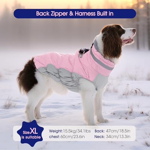 Dog Cold Weather Coats Reflective Dog Warm Jacket with Harness (Pink / XXXL(chest:43in))