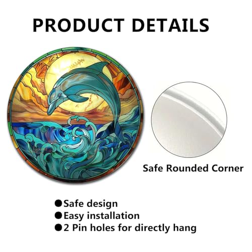 Metal Sign Tin Sign Circular Stained Glass Dolphin Funny Gardening Gift for Gift 8×8 Inches (8×8 Inches / Dolphin-1)