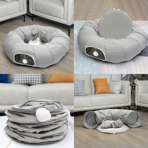 Cat Tunnel with Bed for Kitten Puppy Rabbit Ferret (Light Grey)