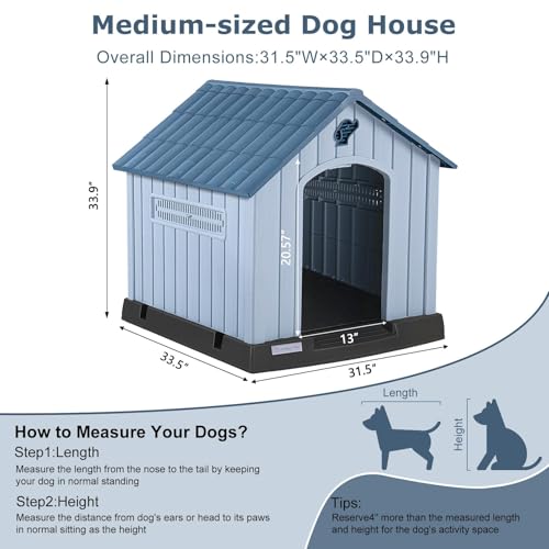 Durable Waterproof Plastic Dog House for Small to Large Sized Dogs (Blue / 40"L x 37.2"W x 40"H)