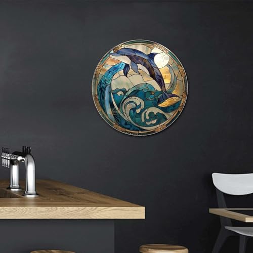Metal Tin Stained Glass Dolphin Sign (12×12 Inches / Dolphin-2)