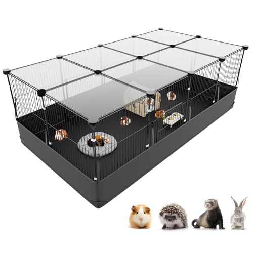 Guinea Pig Cage with Top Cover & 12 Panels (12 Panels-with roof / Black)
