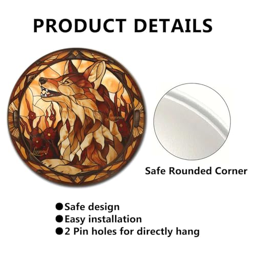 Metal Sign Tin Sign Circular Stained Glass Coyote Bar Signs for Home Decor for Club 12×12 Inches (12×12 Inches / Coyote-1)