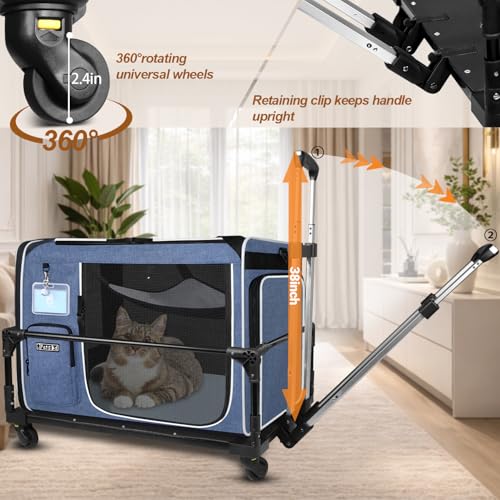 Side Expandable Extra Large Cat Carrier with Litter Box and Wheels (Blue with wheels)