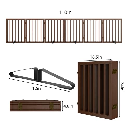 Wooden Dog Gate Freestanding Foldable 6 Panel Pet Gates Extra Wide Dog Gates for Indoor Doorways Stairs 24in Height Support Feet Included (Dark Brown / 6 Panel - 110 inches Wide)