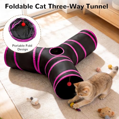 Cat Tunnel, 3-Way Collapsible Toy, Large Size Black & Rose Red (Black & Rose Red / Large)