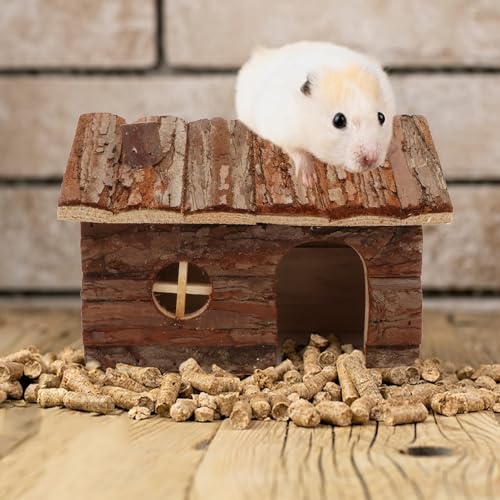 Natural Wooden Hamster House Small Animals House with Chimney (M)
