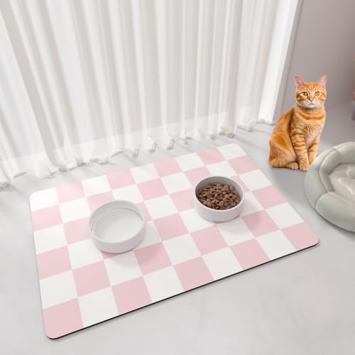Checkered Dog Cat Feeding Mat (17"L x 28"W / Pink & White)