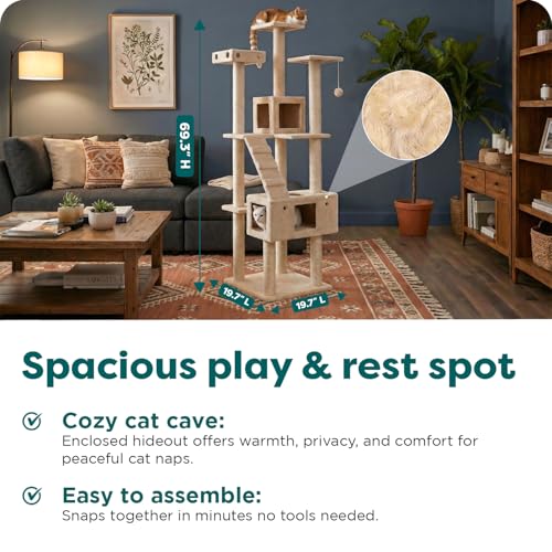 69.3" Tall Cat Scratching Post Tower for Indoor Cats (Cat Tower / Double Decker Playground (Cream))