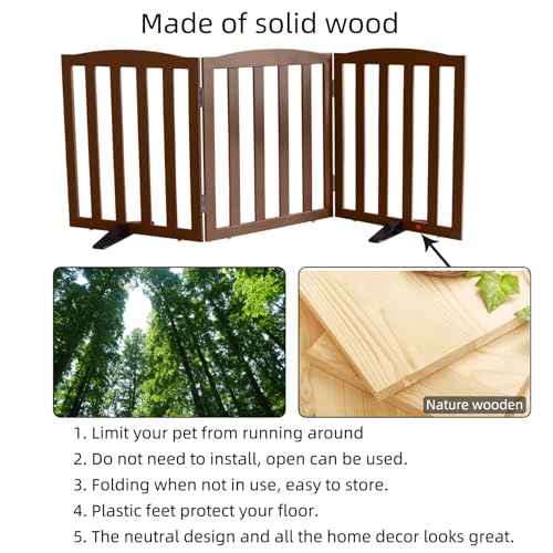 Foldable Freestanding Indoor Dog Gate for House Wood Long Pet Gates Dog Fence for Stairs Puppy Gates for Hallways (Brown / 【3 Panels】60''w X 24''h)