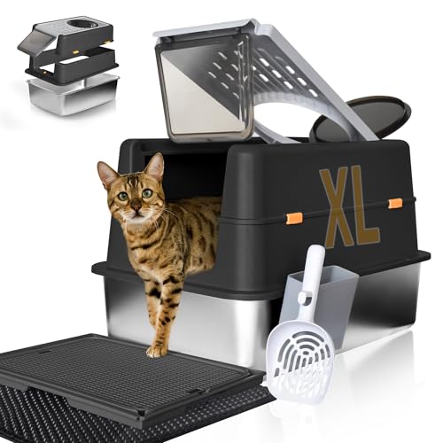 Stainless Steel Litter Box with Lid (Black / X-Large)