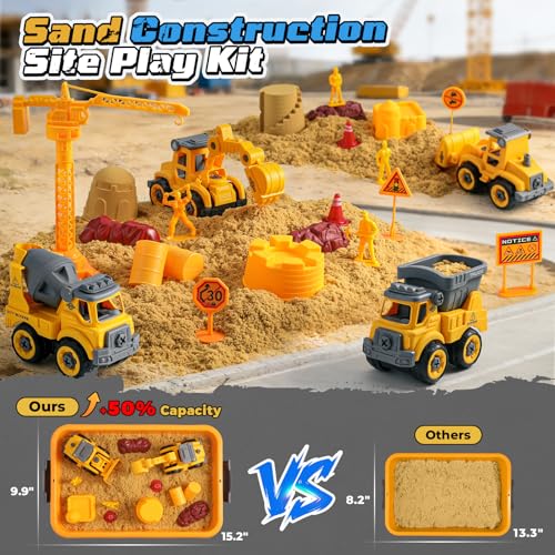Construction Play Sand Kit with 4 Take Apart Trucks for Boys Age 3