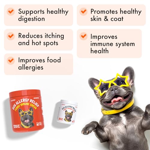 Allergy Relief Chews for Dogs & Immune & Digestive Supplement with Wild Salmon Oil Kelp Colostrum Turmeric Probiotics & Bee Pollen for Seasonal Allergies Anti Itch (Allergy / 30)
