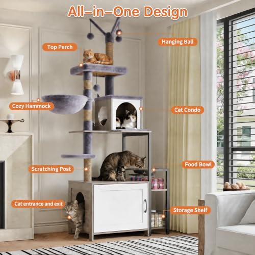 Cat Tree with Food Station and Litter Box Enclosure (Gray)