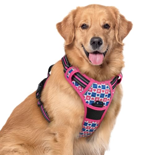 Dog Harness No Pull for Large Dogs with 2 Leash Clips (X-Large / Hot Pink Grid)