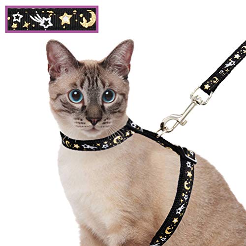 Cat Harness and Leash Set for Outdoor Walking Escape Proof Adjustable Soft Safety Strap with Golden Star and Moon Design Glow in The Dark Black Medium (Black / M)