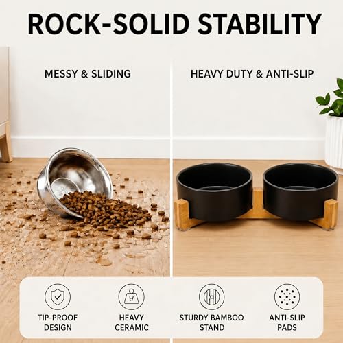Ceramic Dog and Cat Bowl Set with Wooden Stand (7.6 cups / Black × 2)