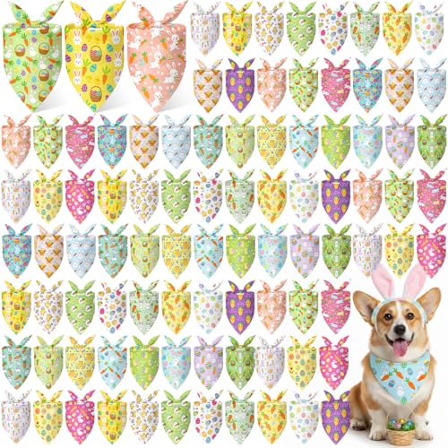 100 Pcs Easter Dog Bandanas Bulk Bunny Egg Carrot Bandanas for Dogs Triangle Kerchief Bibs Scarf Set for Pet Costume Easter Photo Props Accessories Pet Shops (Easter / 25.6 x 17.7 x 17.7 Inch)