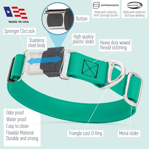 Biothane Waterproof Dog Collar with Herm Sprenger Stainless Steel Quick Release Buckle (W 3/4" x L 12"-19" / Teal)