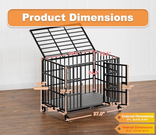 37 Inch Heavy Duty Dog Crate with Wheels (37.0"L x 25.2"W x 27.8"H)