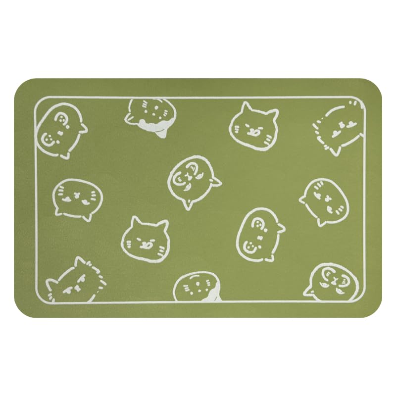 Cat Food Mat Cat Mat for Food and Water (Green & Multiple cat heads Logo / 18.1"L x 11.8"W)