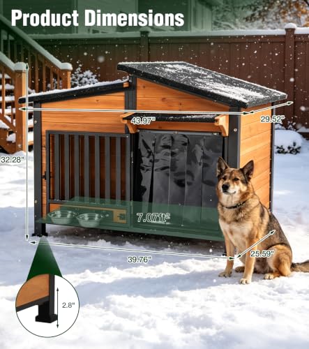 Heated Dog House Outdoor with Iron Frame and Rotating Bowls