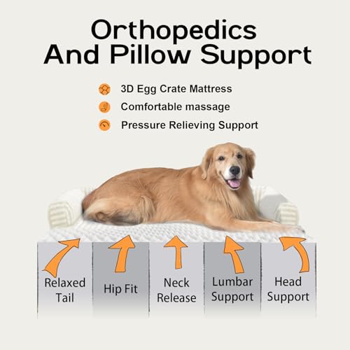 Orthopedic XL Dog Bed with Bolster for Extra Large Size Dogs (42.0"L x 30.0"W x 8.0"Th / Beige White Stripe)