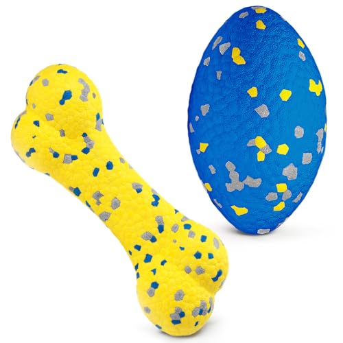 2Pcs Upgrade Bone Dog Balls+Rugby Dogs Toys for Aggressive Chewers (Blue+Yellow-Bone+Rugby-2Pcs)