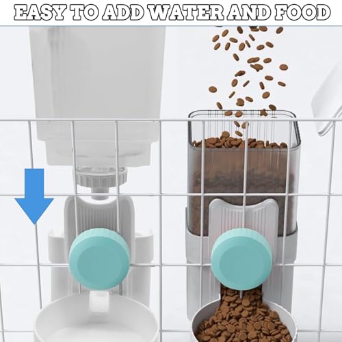 Rabbit Gravity Auto Feeder Set 35oz Hanging Automatic Food Water Dispenser Cage Automatic Feeder Set for Rabbit Chinchilla Guinea Pig Hedgehog Ferret Kitty Puppy (Blue)
