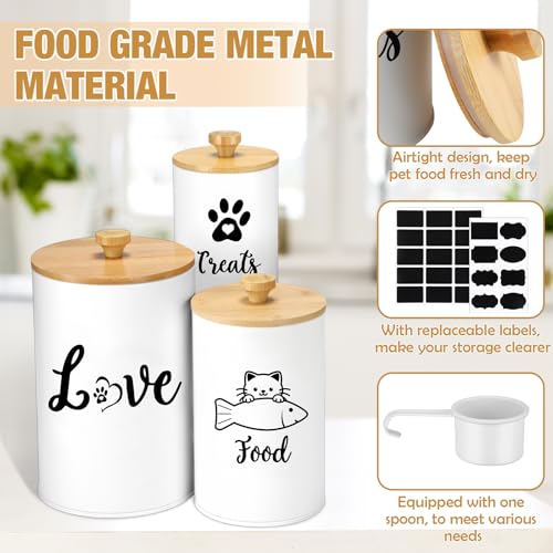 Metal Airtight Cat Treat Container Set of 3 with Bamboo Lids and Spoon Cat Food Storage Container with DIY Labels Pen Pet Cookie Snack Food Storage Organizer Jars for Kitchen Counter (White)