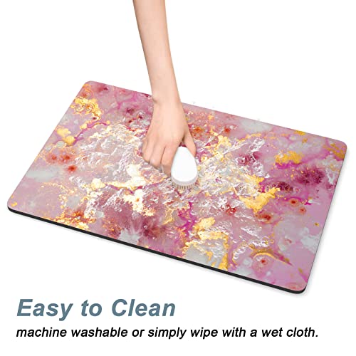 Dog Food Mat 16" x 24" Absorbent Dog Cat Bowl Mat for Food and Water (Pink Gold Abstract / 16"L x 24"W)