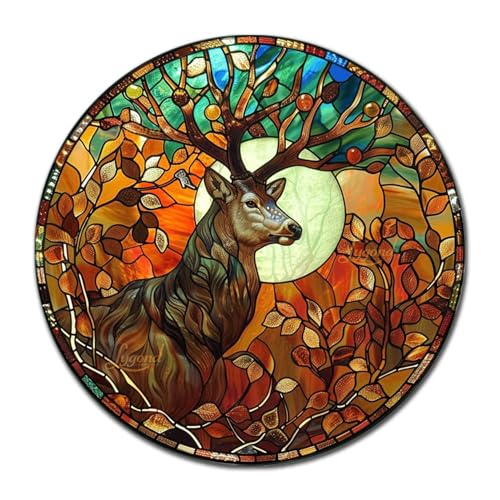Metal Sign Tin Sign Circular Stained Glass Deer Gift For Gift 12×12 Inches (12×12 Inches / Deer-2)